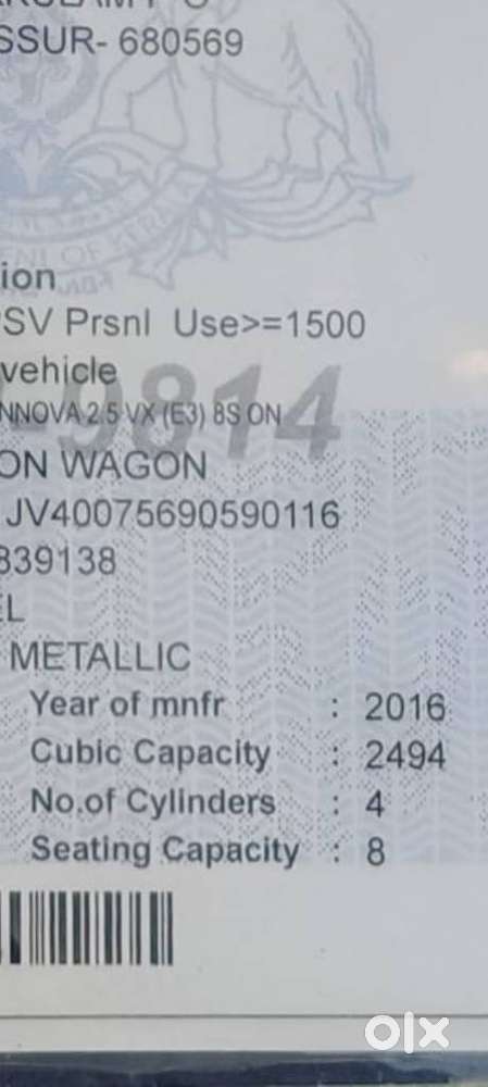 Toyota Innova 2.5 Vx 8 Seater Bs Iv, 2016, Diesel