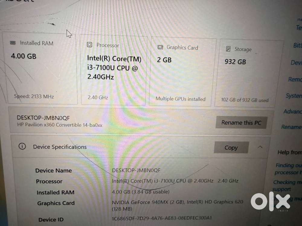 Hp Pavilion I3 7 gen- 4 gb ram /1 tb HDD