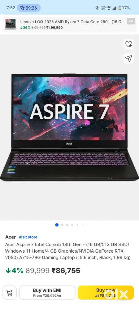 Acer aspire A7 rtx 2050