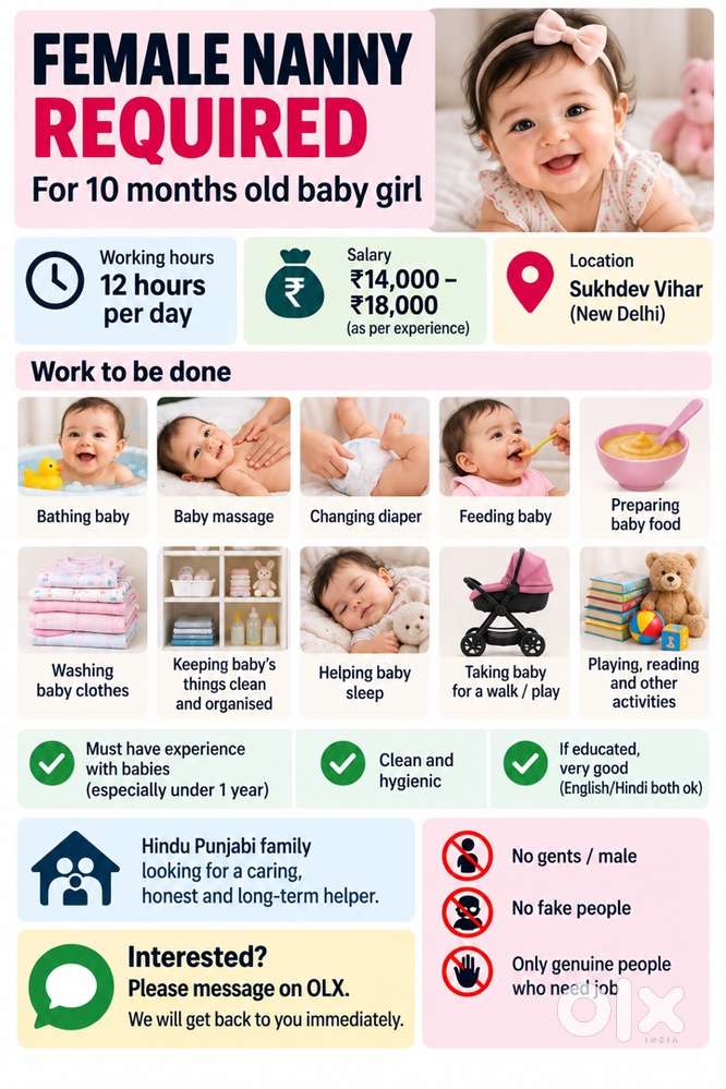 Female Baby Nanny Required  12 Hours  ₹14–18K