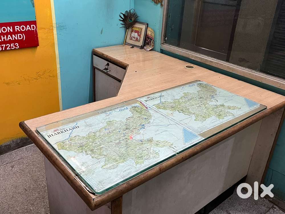L-Shaped Office Table with Glass Top, Drawer & Cabinet