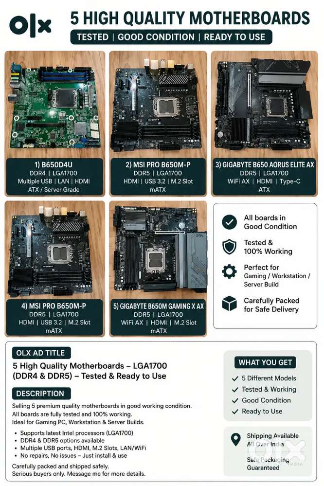 5 B650 Motherboards for Sale  DDR4 & DDR5  LGA1700  Good Condition