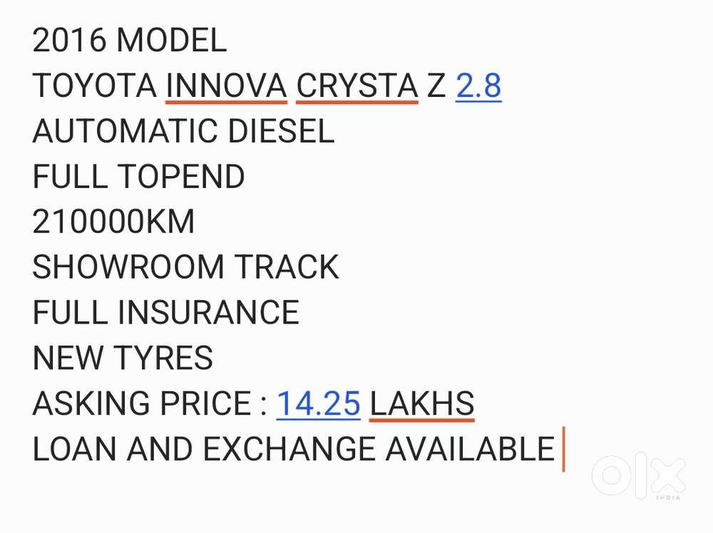 Toyota Innova Crysta 2.7 Zx At, 2016