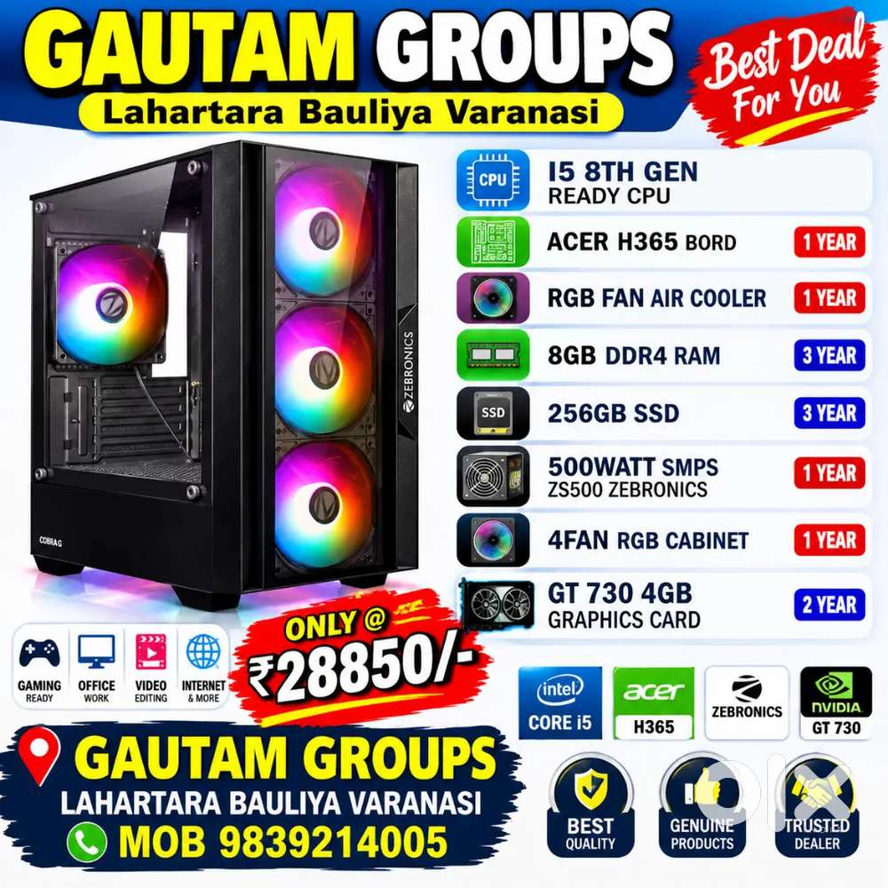 I5 8th gen READY GAMING CPU 8GB RAM 256GB SSD 4GB GRAPHICS RGB CABINET