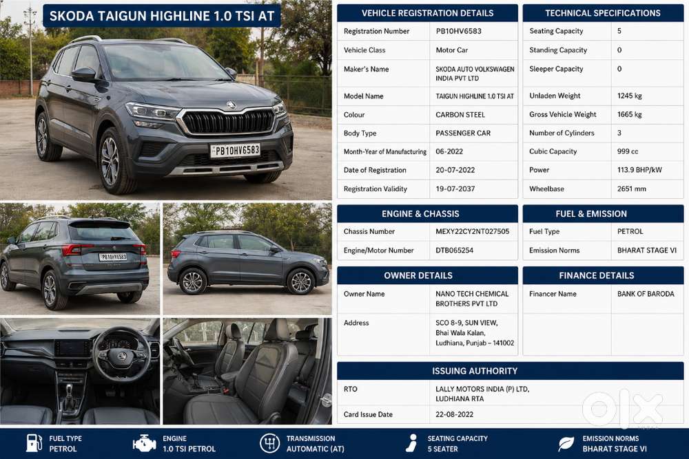 2022 Volkswagen Taigun Highline 1.0 Tsi At  1st Owner  Petrol Automa