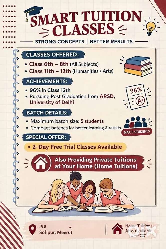 Tuition 6th-8th & 11th&12th | Humanities/Arts |Home Tuition Available