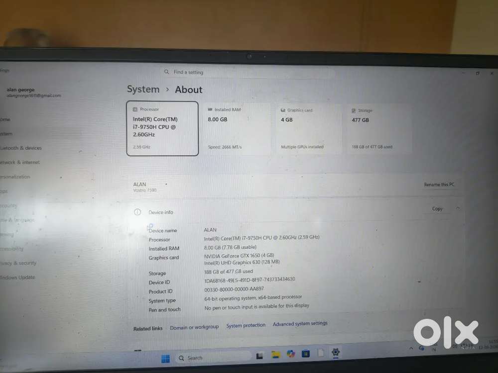 Dell Vostro i7 9th gen 8 gb ram 512 GB SSD 4 gb graphics 1650 GTX
