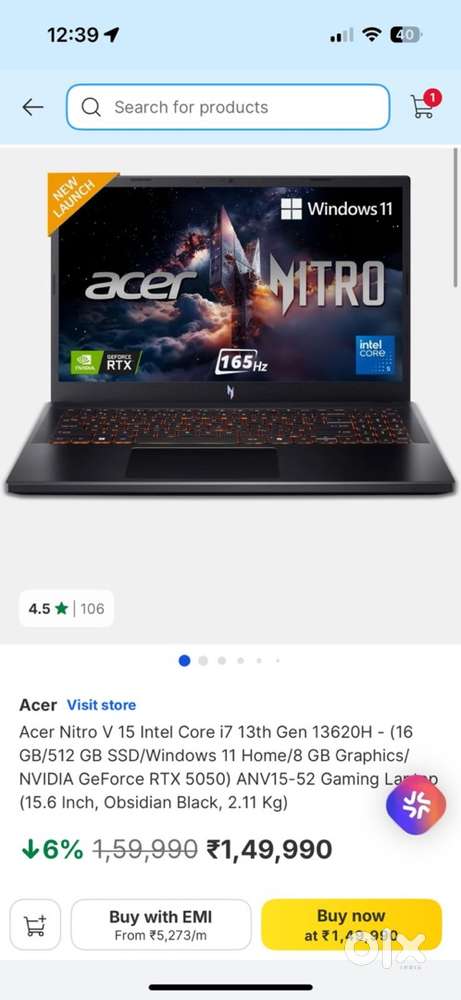 Acer Nitro V 15 Intel Core i7 13th Gen RTX5050 best gaming laptop