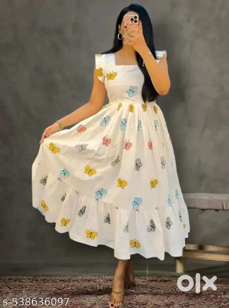 Stylish white butterfly print frock