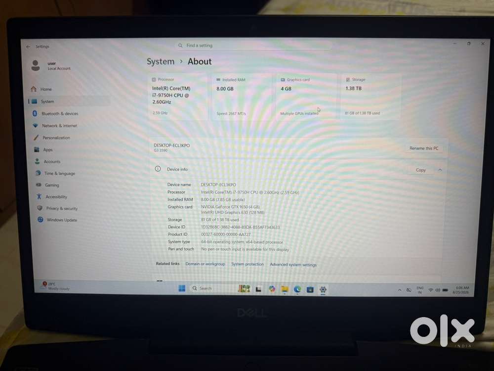 Dell G3 Gaming Laptop  i7 9th Gen  GTX 1650  8GB RAM