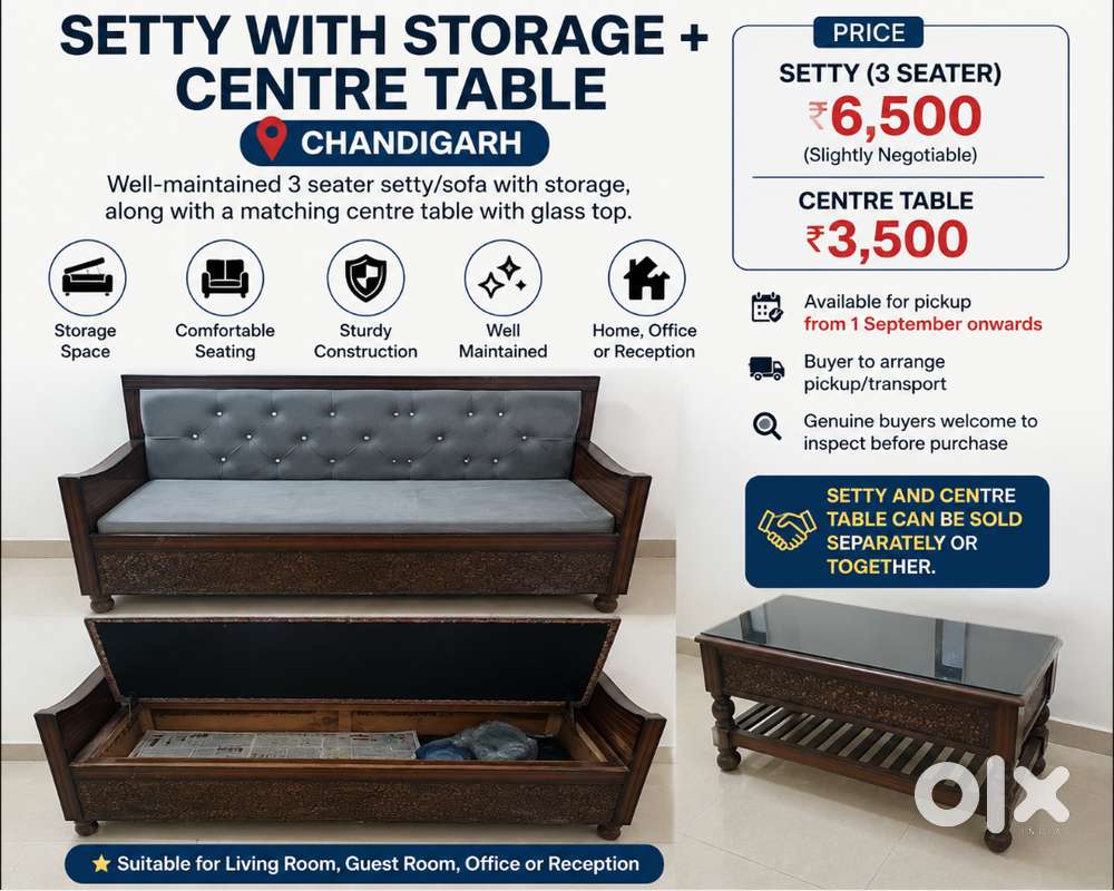 3-Seater Setty with Storage + Centre Table  Chandigarh