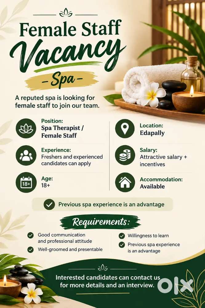 FEMALE  THERAPIST STAFF VACCANCY - SPA