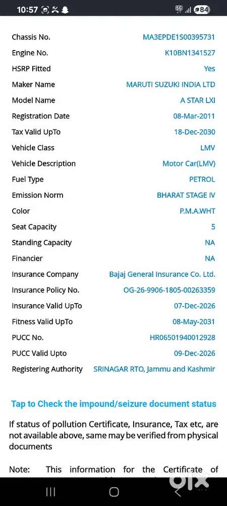 Maruti Suzuki A-star 2011 Petrol Well Maintained. Life Upto  8may 2031