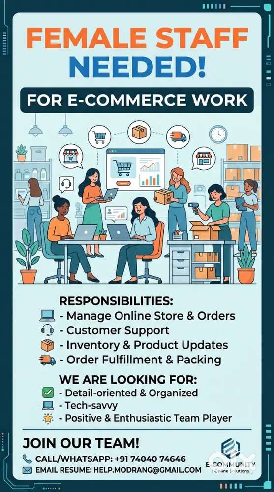 Female staff need for ecommerce work and computer work