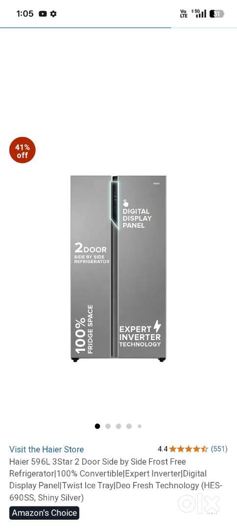 Haier 596L 3Star 2 Door Side by Side Frost Free Refrigerator