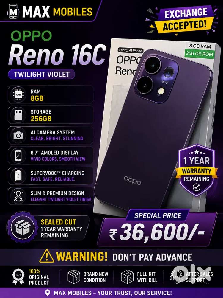 OPPO RENO 16C (TWILIGHT VIOLET)

RAM : 8GB

STORAGE : 256GB

SEALED CU