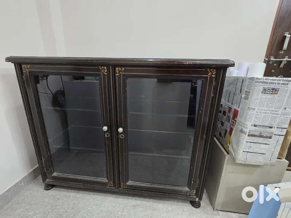 Premium Teak Wood Display Cabinet with Glass Shelves & Lockable Doors