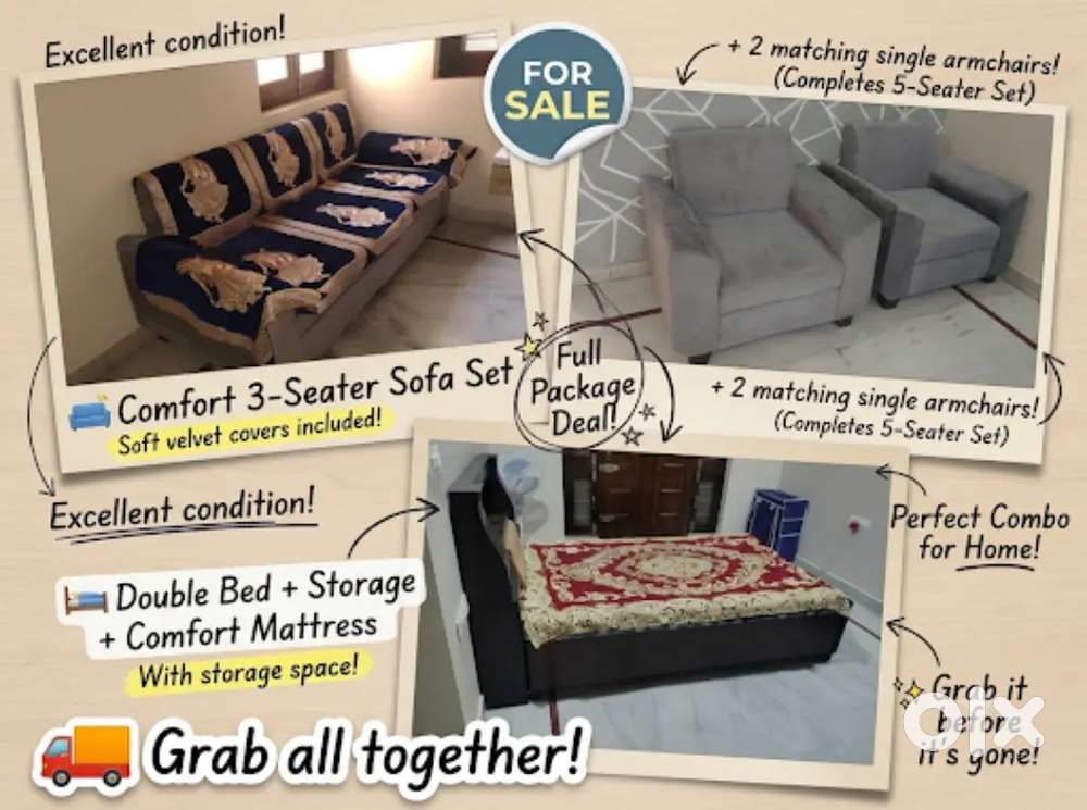 5 seater sofa , 4&times;7 bed with back shelf & mattress