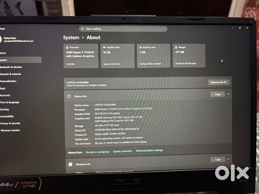 Laptop Asus A15 Tuf gaming Ryzen 5 7000 series