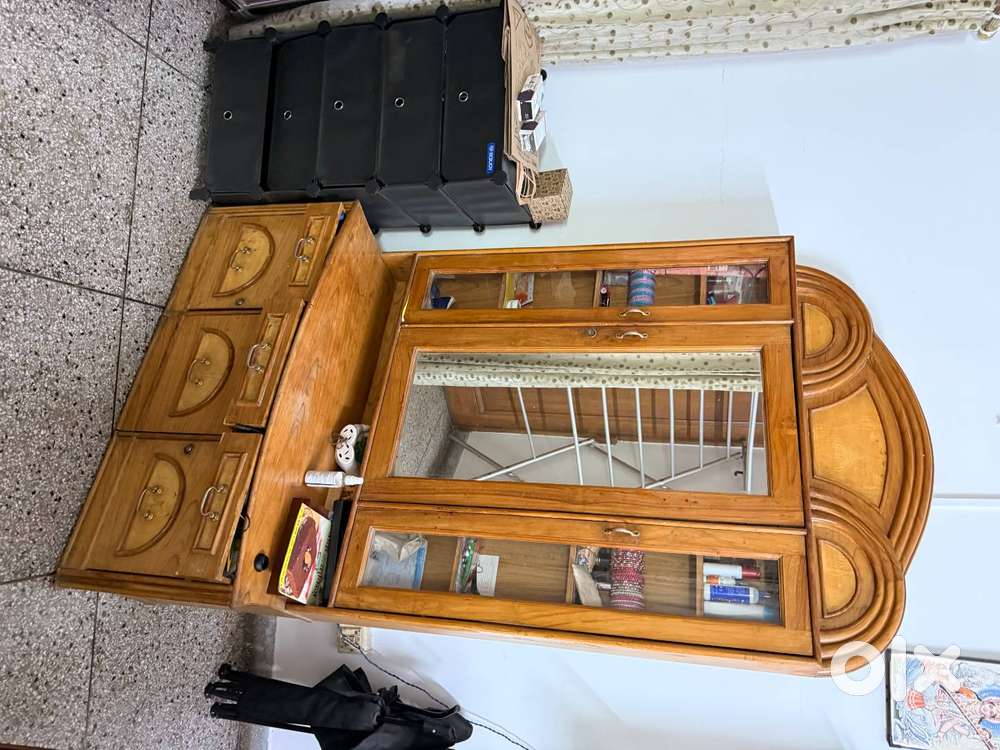 Solid Sagwan Wood Dressing Table with Mirror Cabinet & Built-in Stool