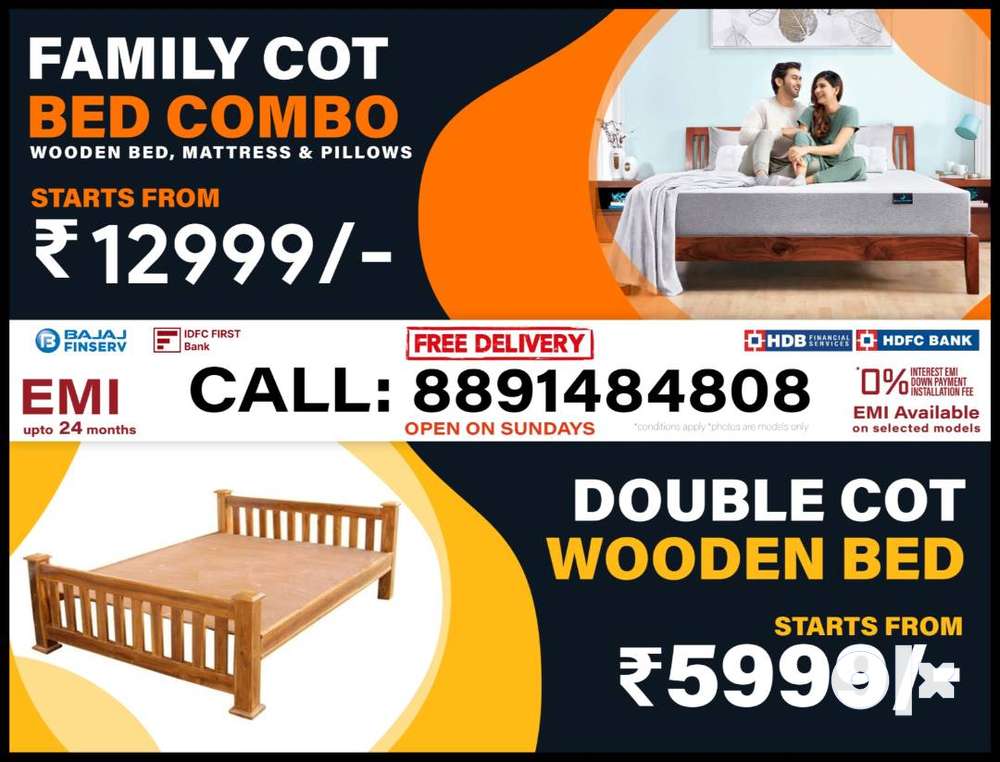 DOUBLE FAMILY KING QUEEN SINGLE COT BED WOODEN MATTRESS PILLOWS