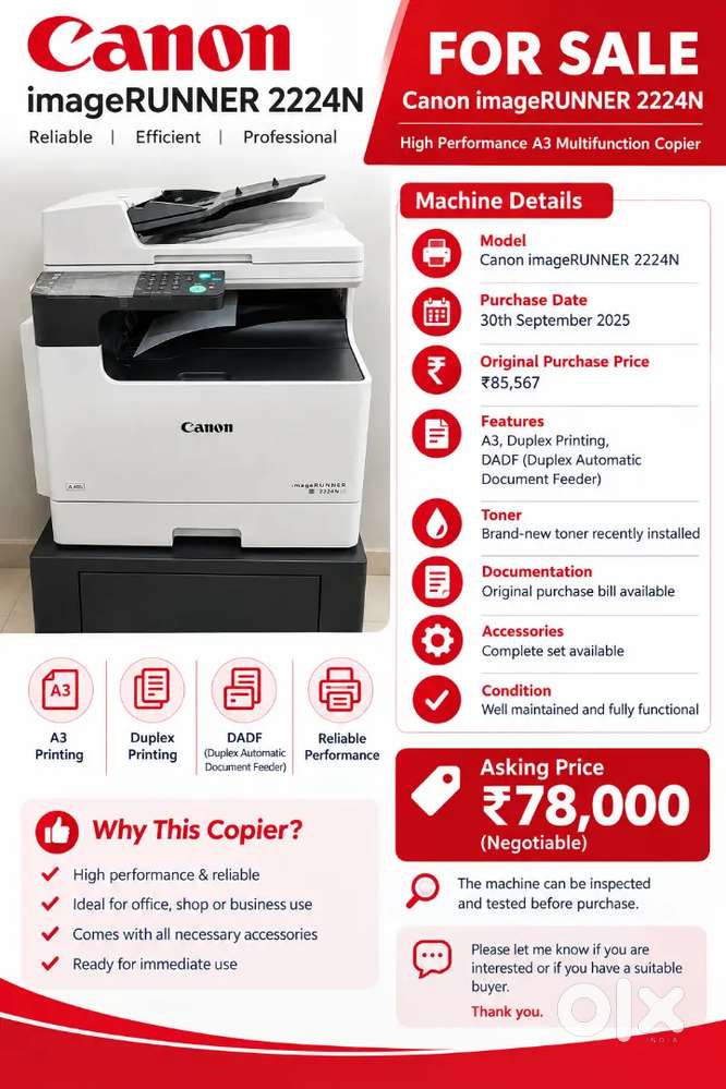 Canon 2224N A3 Copier | Duplex + DADF | New Toner