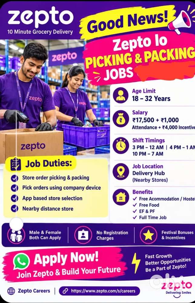 Hr sumalatha - ZEpto Picker & Packer &ndash; Urgent Hiring

 Salary: ₹