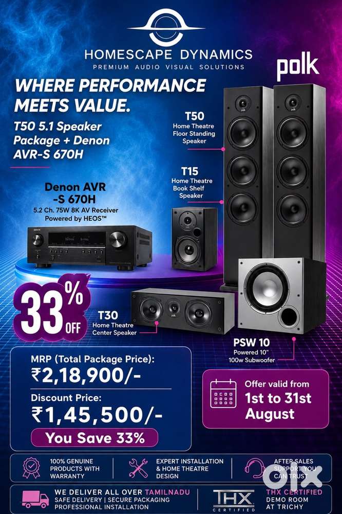 Polk 5.1 Home Theatre + Denon AVR-X250BT Combo  Brand New Offer