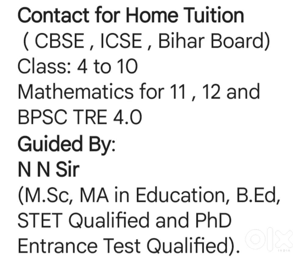 Home tuition up to10 and Mathematics for BPSC TRE 4.0 + 11 +12