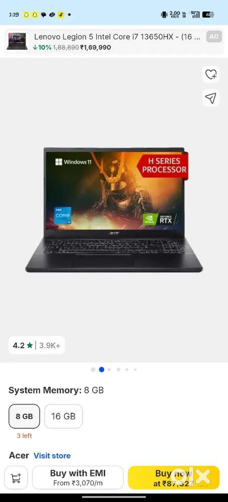 Acer aspire 7 rtx 3050 9 month old only