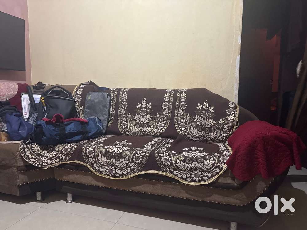 Wooden bed and mattress, wooden cupboard, L shaped sofa,blue drum,oven