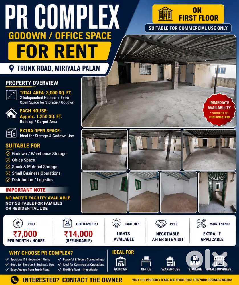 Godown / Office Space for Rent : Trunk Road, Miriyala Palam