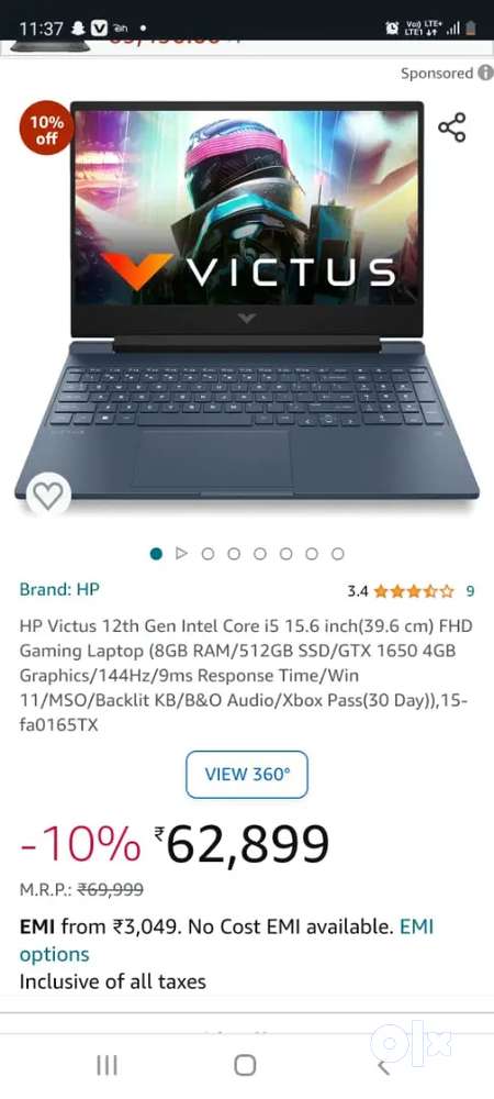 HP Victus 12th Gen Intel Core i5 15.6 inch(39.6 cm) FHD Gaming Laptop (8GB  RAM/512GB SSD/GTX 1650 4GB Graphics/144Hz/9ms Response Time/Win