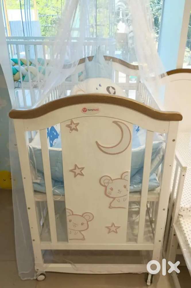 Baby Crib Bed - Pure Pinewood 15 in 1 Rocking Cot -Milky White