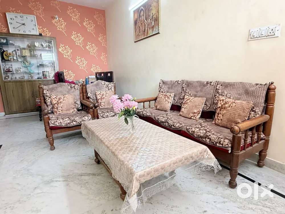 Brown Wooden Sofa Set with Centre Table