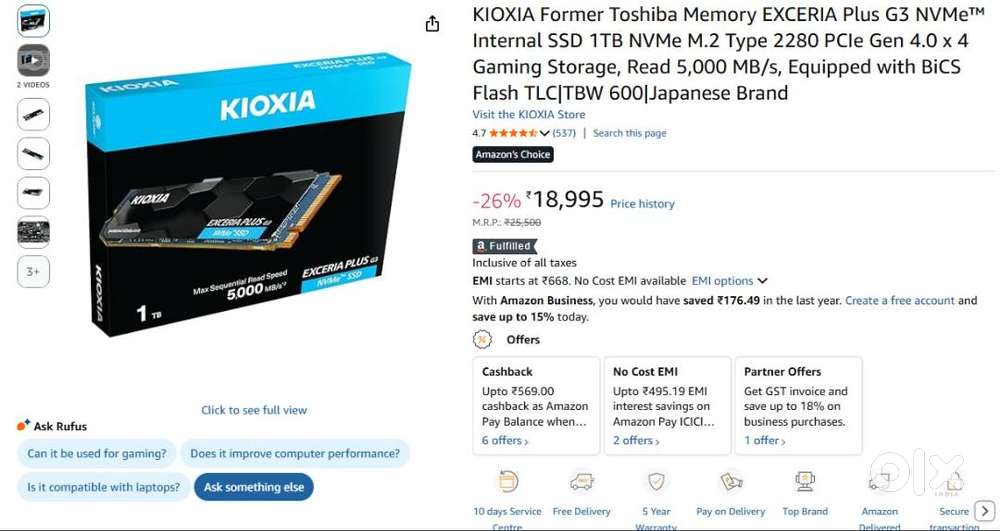 KIOXIA EXCERIA Plus G3 1TB NVMe Gen4 SSD (PCIe 4.0) - Computer