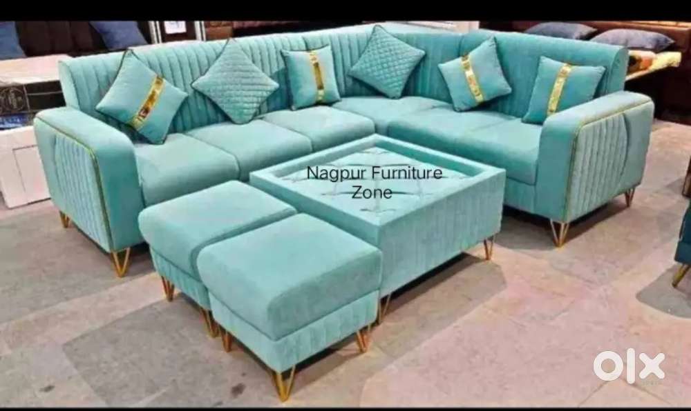 Nagpur Furniture Zone, Modern L Shape Sofa With Centre Table & 2 Puffy