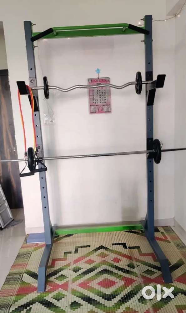 Gym set squat rack pullup bar with dumbells, bars and weights
