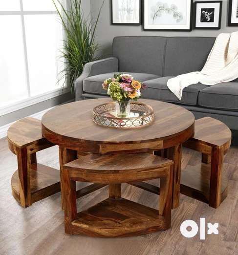 Brand New Round Coffee Cum Centre Table with 4 Stools. Sheesham