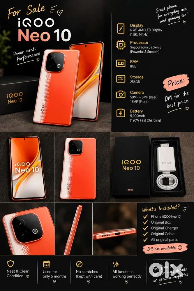 Title:
iQOO Neo 10 5G | 8GB RAM + 256GB Storage | Excellent Condition