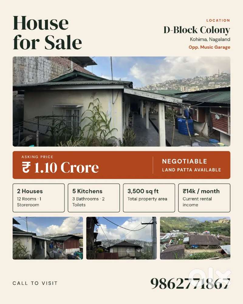 2 Houses on 3500 sqft, Patta, Rented ₹14k/no - D-Block Kohima