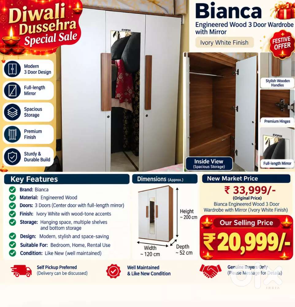 Bianca 3-Door Wardrobe with Mirror | Diwali-Dussehra Special Sale