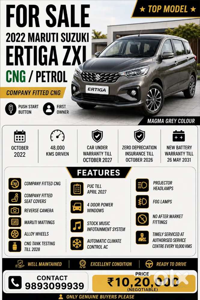 Maruti Ertiga Zxi 2022 Cng / First Owner/ Top Model