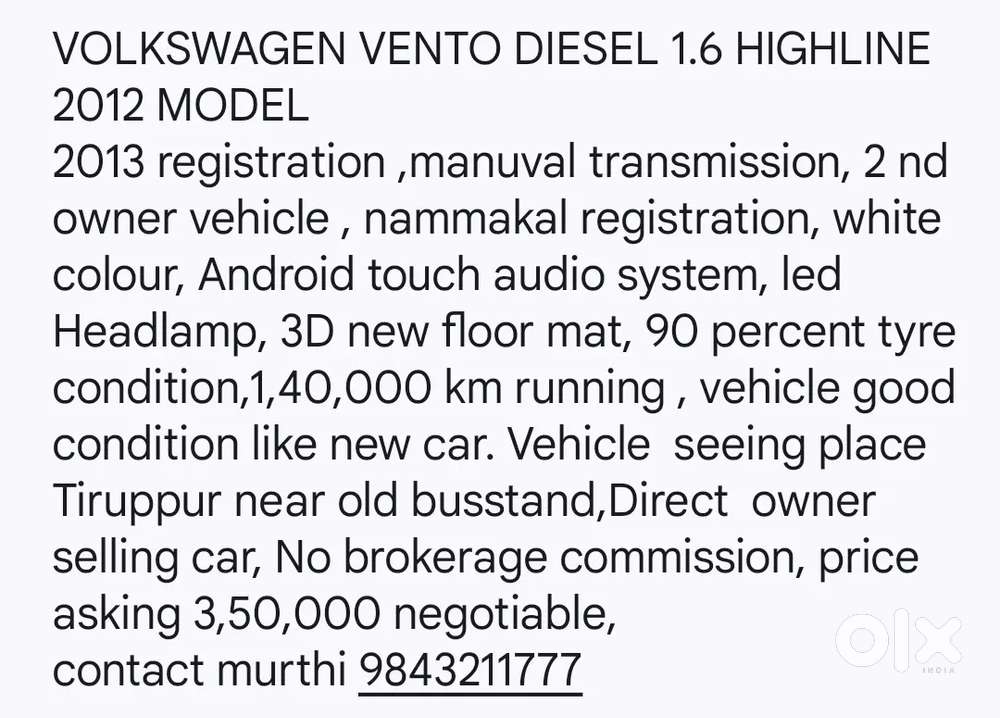 Volkswagen Vento Diesel 1.6 Highline 2012 Model