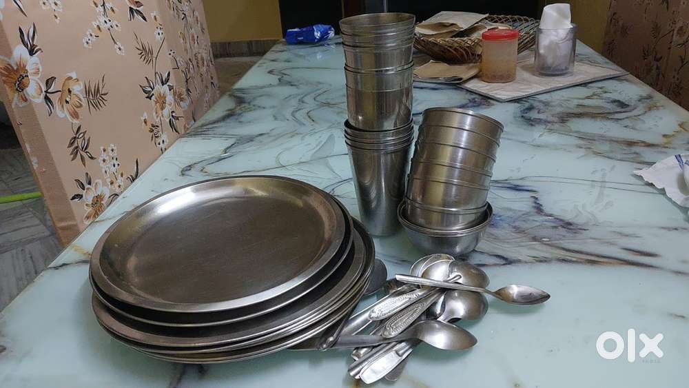 Stainless Steel Dinner Set &ndash; Plates, Katori, Glasses & Spoons  42 Pcs