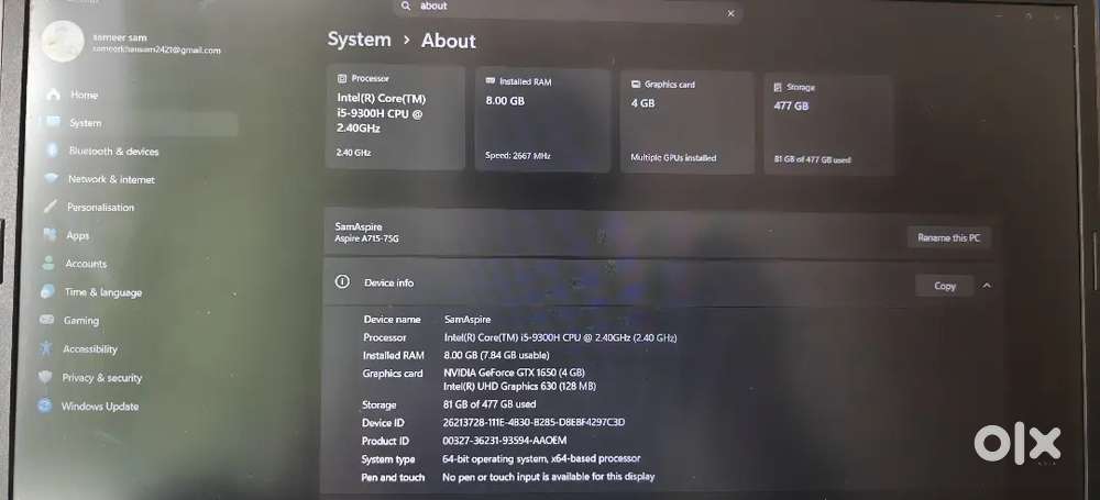 Acer aspire 7 i5 9 gen with 8 gb and 500 SSD  Very fast and smooth
