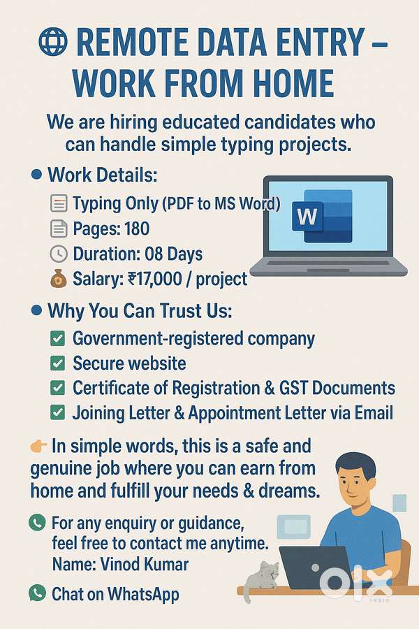 DATA ENTRY JOBS – WORK FROM HOME (WFH)  No fixed working hours – Work