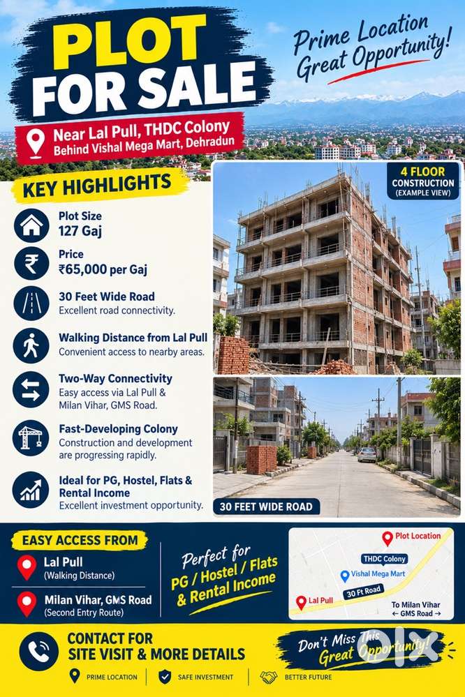 Plot for sale near LaL pull behind vishal mega mart Thdc colony