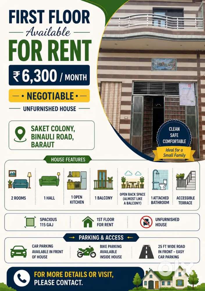 1st floor House for Rent,2 rooms+Hall, Saket Colony , Baraut