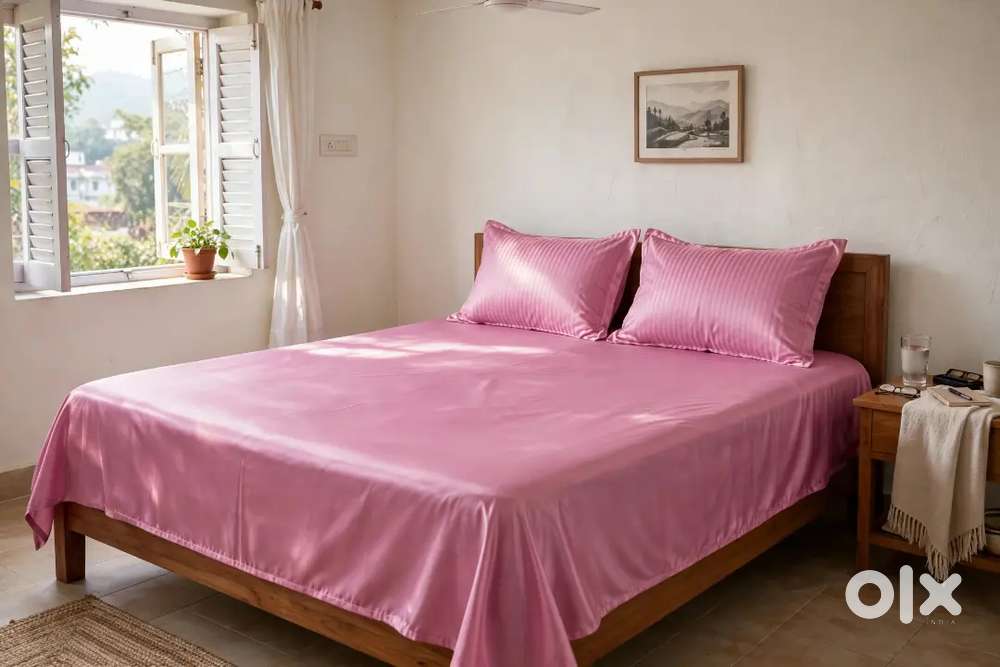 Premium Pink Satin Stripe Double Bedsheet 90x100 with 2 Pillow Covers